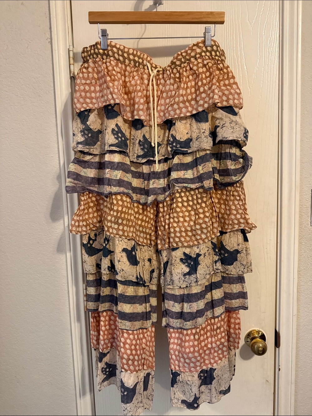 A rare bird Tiered Polka Dot and Striped wide leg pants in mauve and Navy